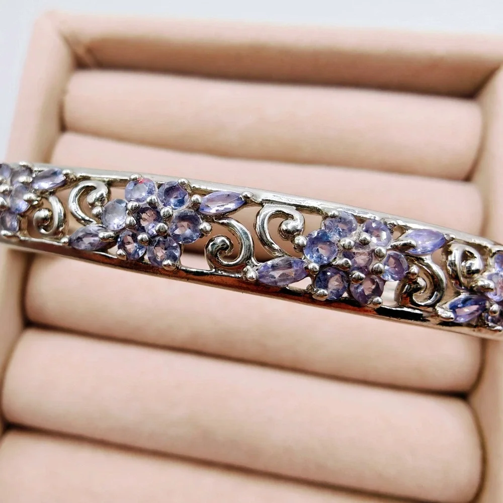 Sterling Silver 925 Amethyst Filigree Floral Cuff Bracelet Thailand Purple Gem